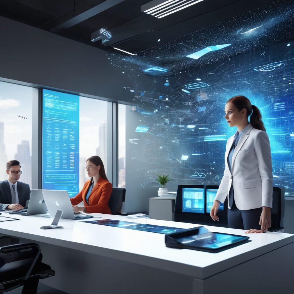 A dynamic office scene showcasing diverse professionals effortlessly communicating via futuristic fax machines, emitting holographic data streams. Include visual elements like documents flying through the air, digital screens displaying statistics, and expressions of excitement and collaboration. The background should blend traditional office aesthetics with modern tech touches. super-realistic. vibrant colors. 3D.
