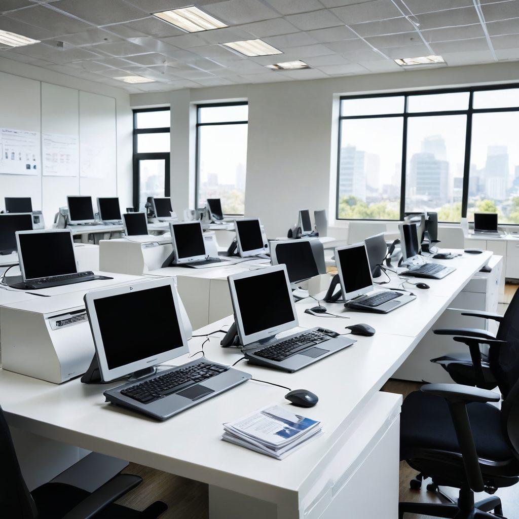 A modern office setting featuring a sleek, high-tech digital fax machine seamlessly integrated with various devices like laptops and smartphones. Illustrate a diverse group of professionals communicating effortlessly, overlaid with visual elements symbolizing smooth, pain-free communication like flowing lines or soft light. The scene should evoke a sense of calm and efficiency. bright colors, super-realistic. clean background.